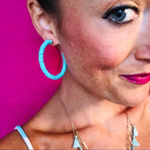 Neon Pink & Turquoise Rubber Disc Hoop Earrings - Picture 8 of 8